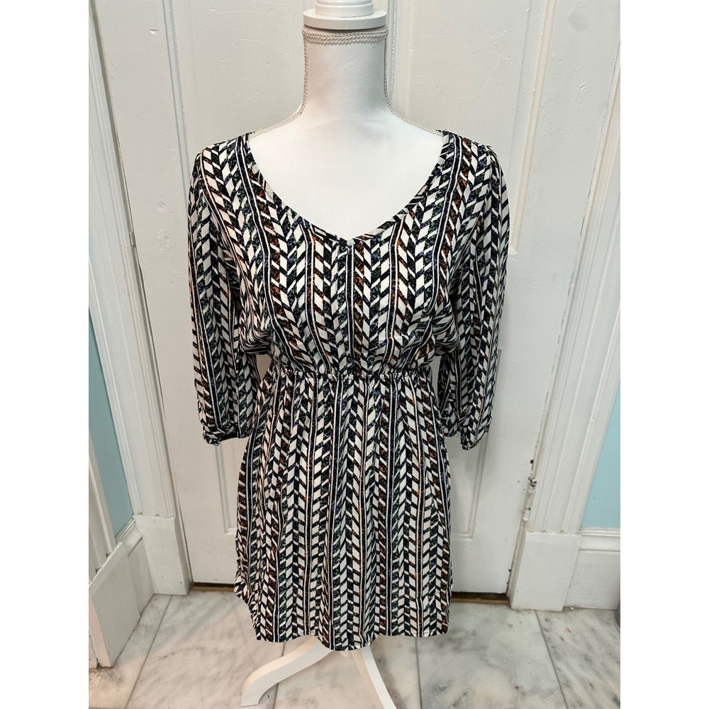 Talisman Geometric Print V Neck 3/4 Sleeve Elastic Waist Dress M